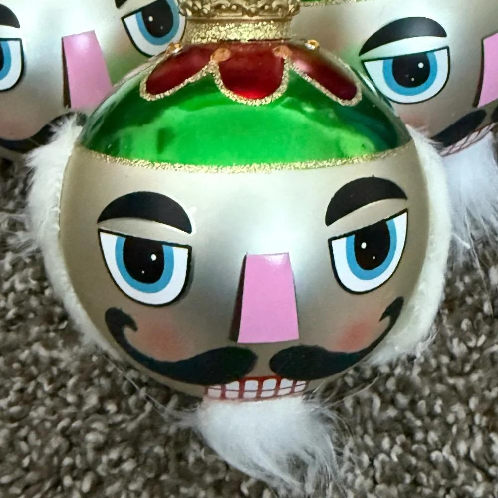 Vintage Pier 1 Round Glass Ball Nutcracker Ornaments Set of 4.